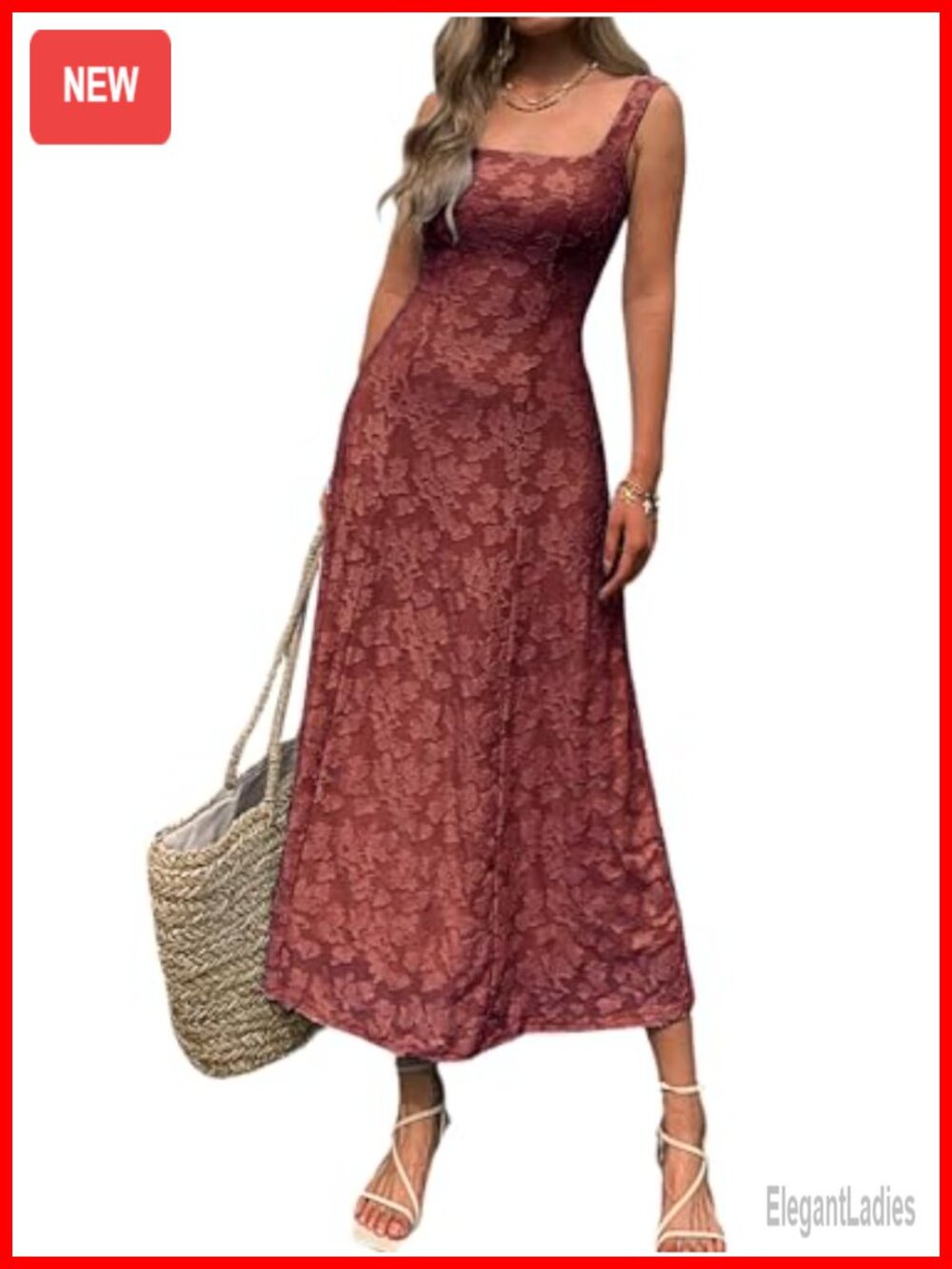 Floral Jacquard Maxi Dress Square Neck Sleeveless A-Line Summer Sundress